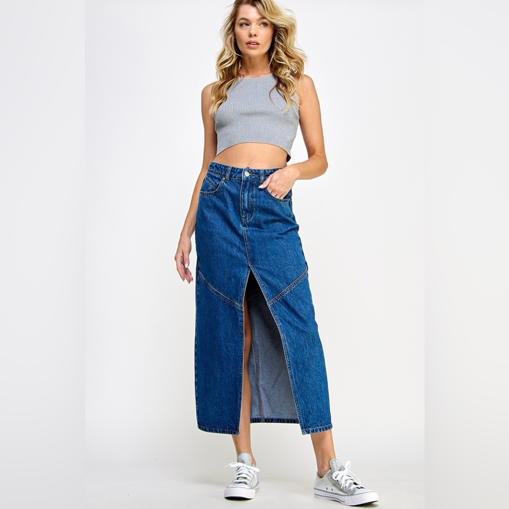 682. Front Slit Denim Midi Skirt